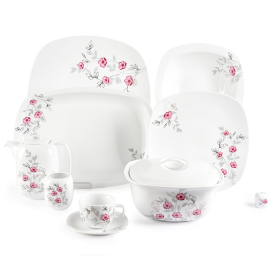 تصویر  سرویس غذا خوری 98 پارچه چینی زرین ایران سری کواترو مدل گل پامچال درجه عالی zarin Pamchal  98 pcs 	