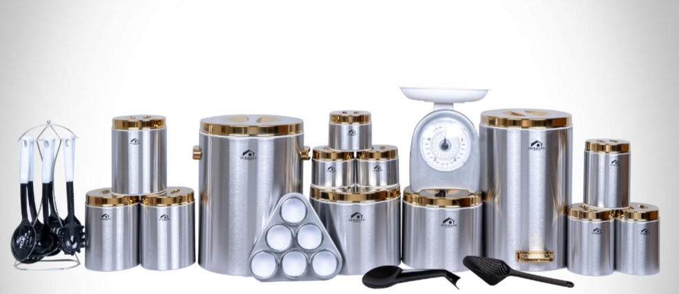 تصویر سرویس آشپزخانه 30 پارچه اورمزد Ourmazd استیل درب طلایی 