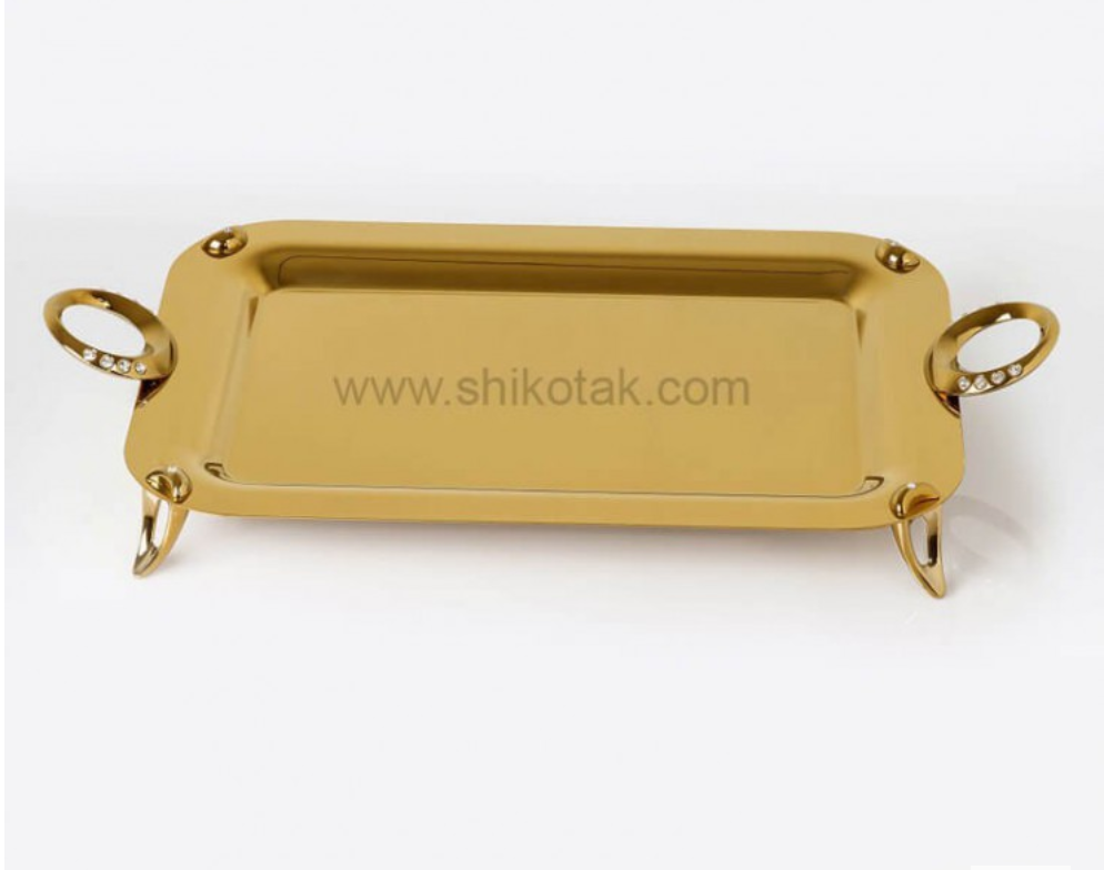 تصویر سینی مستطیل متوسط نگین دار طلایی تک استیل مدل Tak Steel 722 G