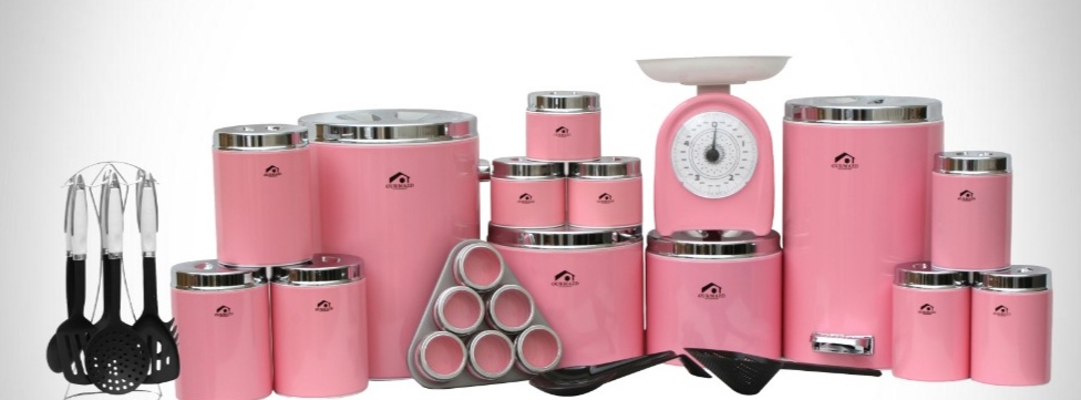 تصویر سرویس آشپزخانه 30 پارچه اورمزد Ourmazd صورتی درب کروم 