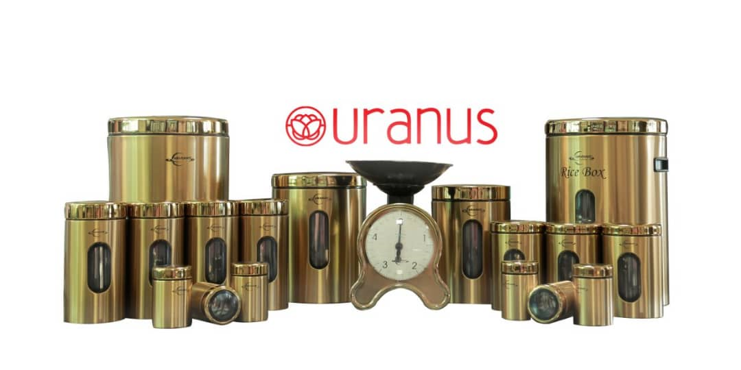 تصویر سرویس جهیزیه 18 پارچه اورانوس استیل طلایی با در طلایی