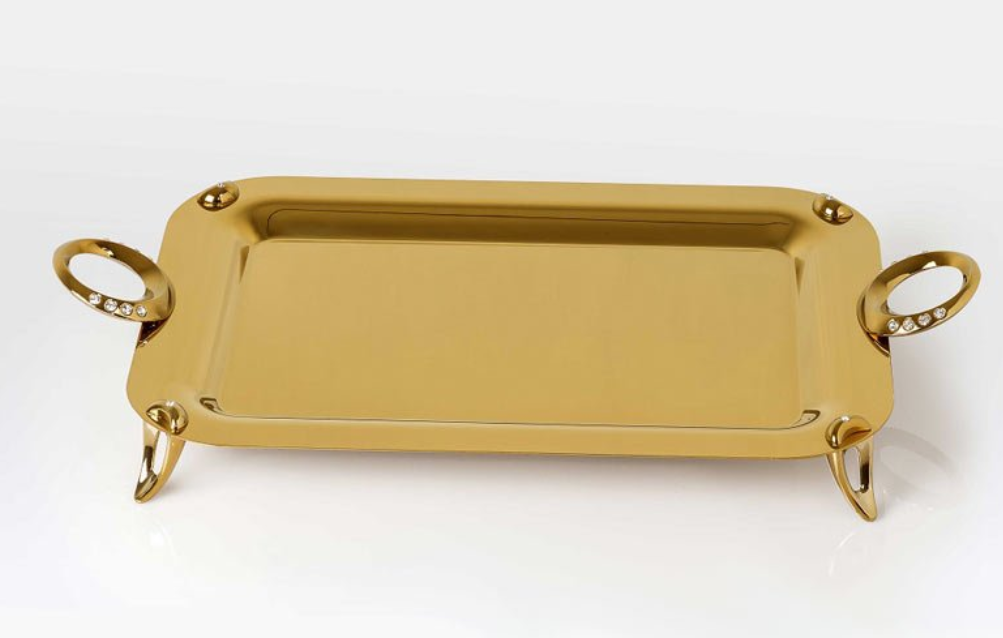 تصویر سینی مستطیل بزرگ نگین دار طلایی تک استیل مدل Tak Steel 723 G