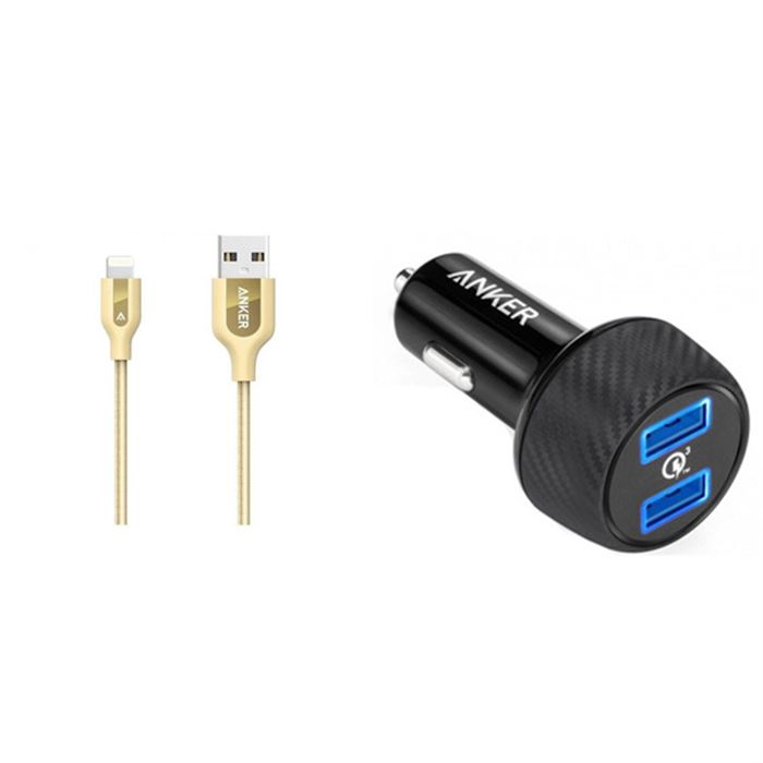 تصویر شارژر فندکی انکر مدل A2228 PowerDrive Speed 2 Ports With Quick Charge 3.0 به همراه کابل تبدیل لایتنینگ